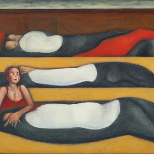 Image similar to people sleeping on slabs, dystopian, pj crook, edward hopper, oil on canvas