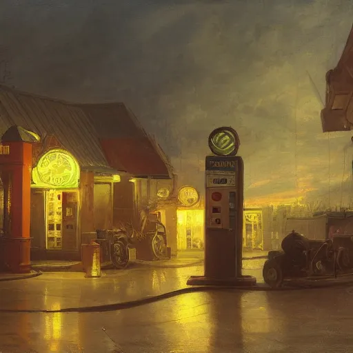 Prompt: painting of artlilery scifi organic shaped gas station, volumetric lights, andreas achenbach