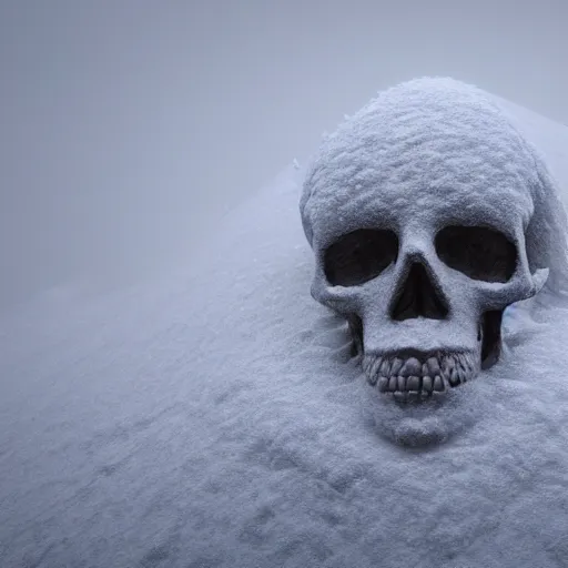 Prompt: skull sculpture covered in snow with a foggy background, 8 k, octane render, realistic, aesthetic