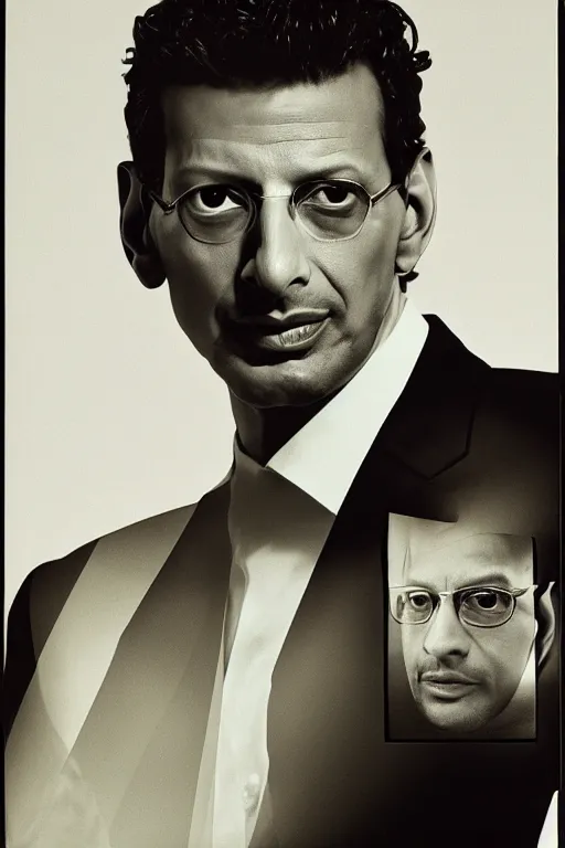 Prompt: double exposure composite portrait of jeff goldblum, floating head portrait, one profile and one facing, jc penney studio 1 9 8 5