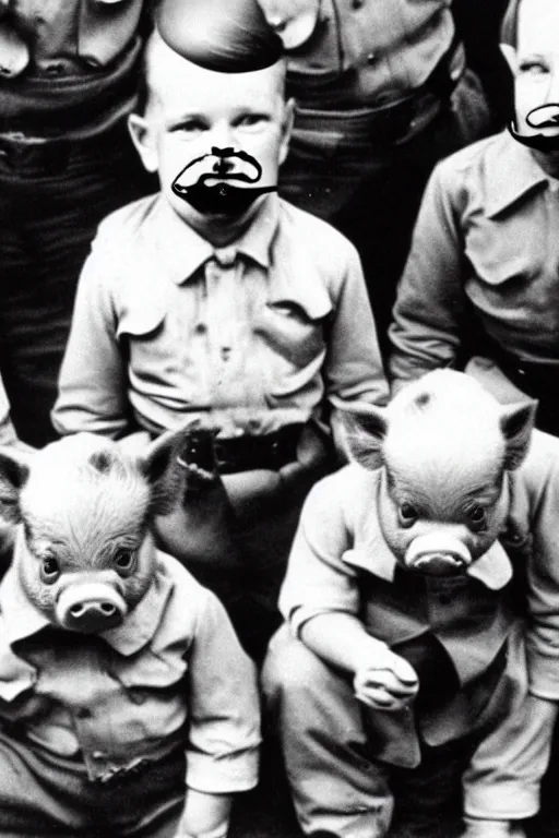 Image similar to piglets with hitler moustaches historical photo in color