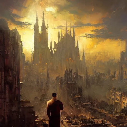 Prompt: Oil painting of a man overlooking town ruins, ashes, burning cathedral, D&D, Magic The Gathering, by Craig Mullins, intricate details, light rays from the surface, Nekro, Victo Ngai, centered, symmetrical, volumetric lighting