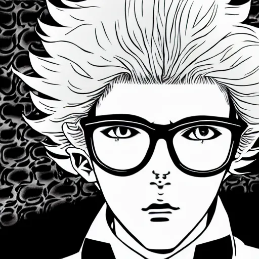 Prompt: A man with blonde curly hair wearing glasses, blonde man, anime art, Junji Ito, Junji Ito artwork, Ito Junji art, 4K