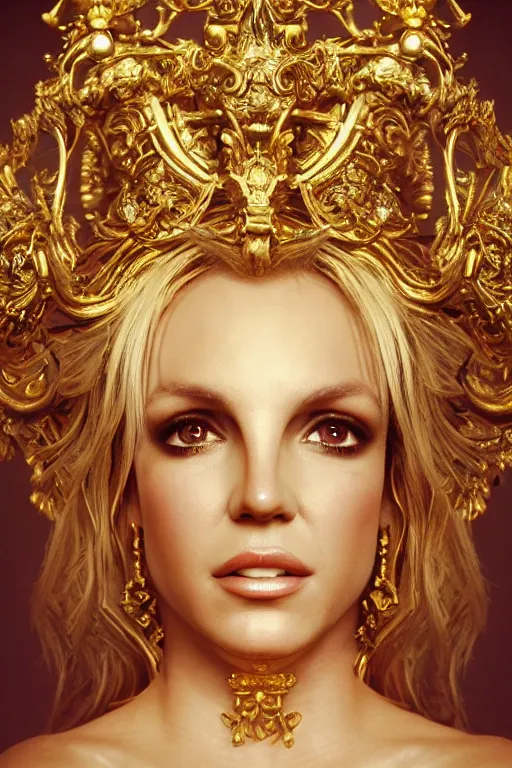 Prompt: britney spears, gold ornaments around face, gold beam behind, beautiful face, surrealism, sculpture, baroque element. intricate artwork by caravaggio, trending on artstation, baroque elements, octane render, cinematic lighting, hyper realism,