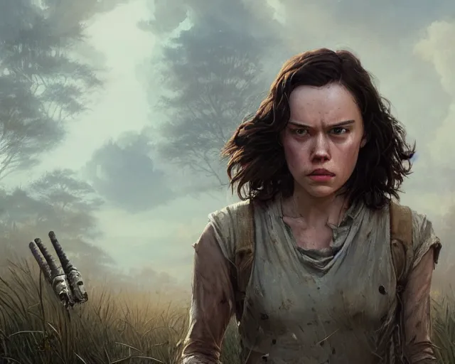 Image similar to highly detailed portrait of daisy ridley, in the walking dead, stephen bliss, unreal engine, fantasy art by greg rutkowski, loish, rhads, ferdinand knab, makoto shinkai and lois van baarle, ilya kuvshinov, rossdraws, tom bagshaw, global illumination, radiant light, detailed and intricate environment