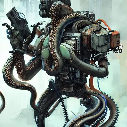 Image similar to Octopus using a computer, cyberpunk, realistic, detailed, Industrial Scifi, paint, watercolor, in the style of Ashley Wood and Wadim Kashin