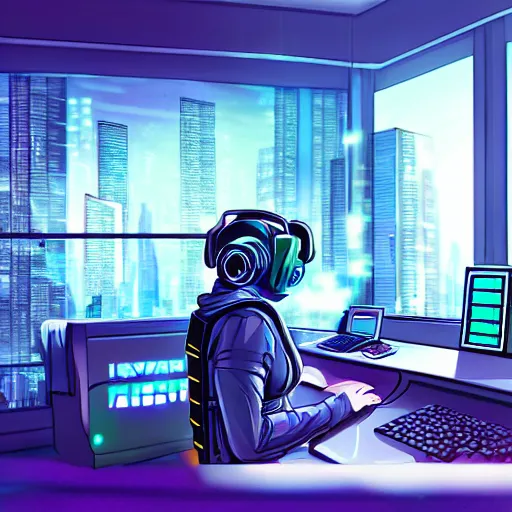 Prompt: a cyberpunk room, big windows overlooking a futuristic and neon city, in the middle of the room an otter typing on a computer terminal wearing big headphones, hyper realistic