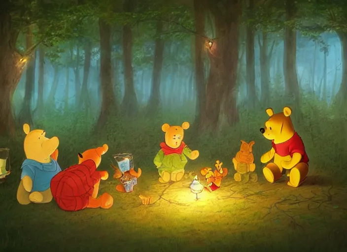 Image similar to concept art of a birthday party in the woods at night with winnie the pooh characters, paper lanterns and fairy lights, detailed, realistic, cel shaded, in the style of makoto shinkai and moebius and peter mohrbacher and james gurney