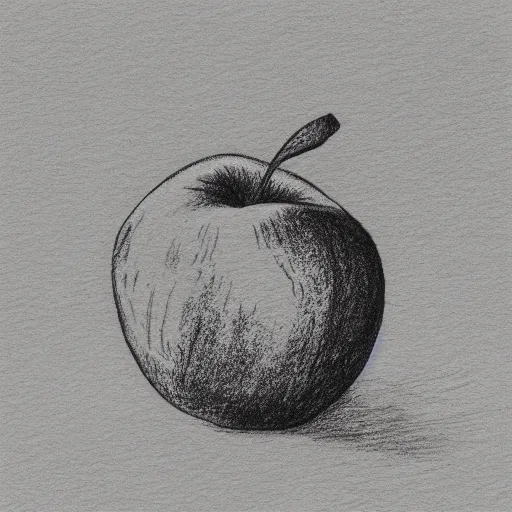 Prompt: a very loose crosshatching ink drawing of an apple brightly lit from one side, silhouette, on a table, bright white background