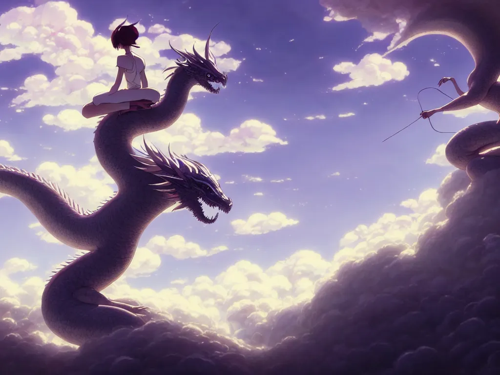 Image similar to a vast scene, panorama distant view, hyper detailed scene render of a beautiful girl sit on a huge silver dragon back, in the white clouds fairyland, animation portrait concept art, style of makoto shinkai, xision, james jean and peter mohrbacher, studio ghibli, artgerm, karol bak, beeple, 4 k hd, animation style