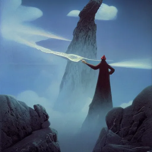 Prompt: The wizard merlin stands with staff on a mountain firing an epic ice beam into a dragon, by Zdzisław Beksiński, trending on artstation, 8k, landscape photo-reality, landscape photo-imagery