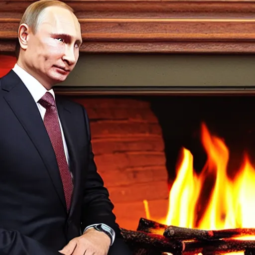 Image similar to vladimir putin looking into a log fire smirking reflections lighting