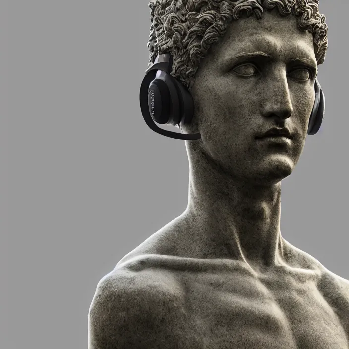 Image similar to stoic statue wearing headphone, vaporwave, aesthetic, naturel, symmetrical face, hyper detailed, digital sculpture, trending in artstation, cinematic lighting, studio quality, smooth render, unreal engine 5 rendered, octane rendered, art style by klimt and nixeu and ian sprigger and wlop and krenz cushart