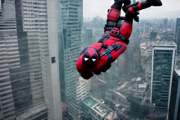 Prompt: 85mm Deadpool jumps off helicopter and smashes through high rise window by Emmanuel Lubezki