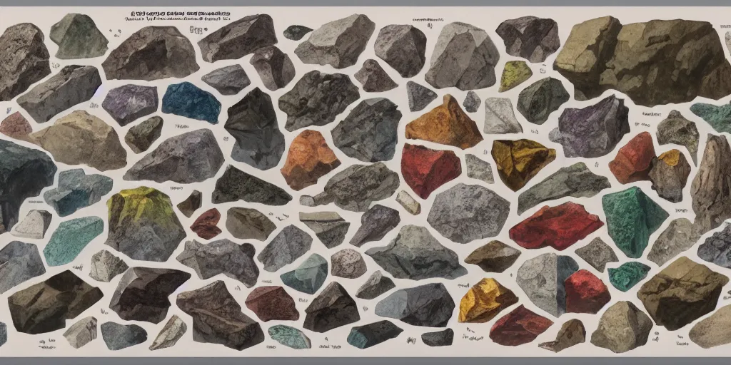 Prompt: full color page scan of reference sheet of various stones, matte painting,