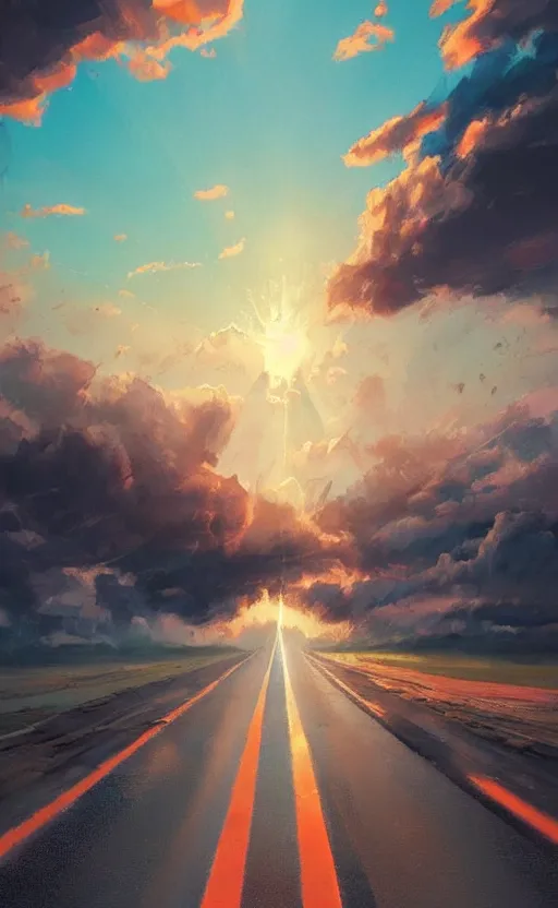 Image similar to paperback book cover by wlop. pure colors, melting clouds, accurately drawn details, a sunburst above a receding road with the light reflected in furrows and ruts, after rain. photorealistic. octane render. cinematic. trending on artstation. textless.