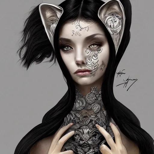 Image similar to a photograpic portrait of a anthropomorphic cat wearing black clothes, black hair, grey skin, grey mouse ears, fantasy, intricate, elegant, highly detailed, digital painting, artstation, smooth, sharp focus, illustration, art by artgerm and H R Giger and alphonse mucha