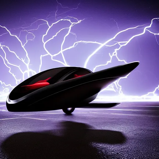 Prompt: futuristic flying car inside a circle made of lightning in the sky, thunderstorm at night, 28mm dramatic photo