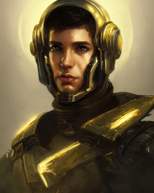 Prompt: portrait of handsome guy in cyberpunk armor, dreamy and ethereal, expressive pose, gold eyes, exciting expression, fantasy, intricate, elegant, many lightning, cold color, highly detailed, digital painting, artstation, concept art, cyberpunk wearing, smooth, sharp focus, led, illustration.