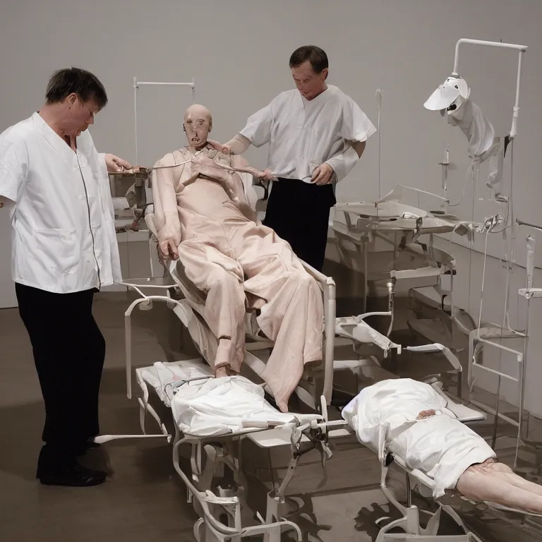 Prompt: chinese prisoner operating table cage surgeons ron mueck and duane hanson and lee bontecou and giacometti greig fraser canon eos r 3
