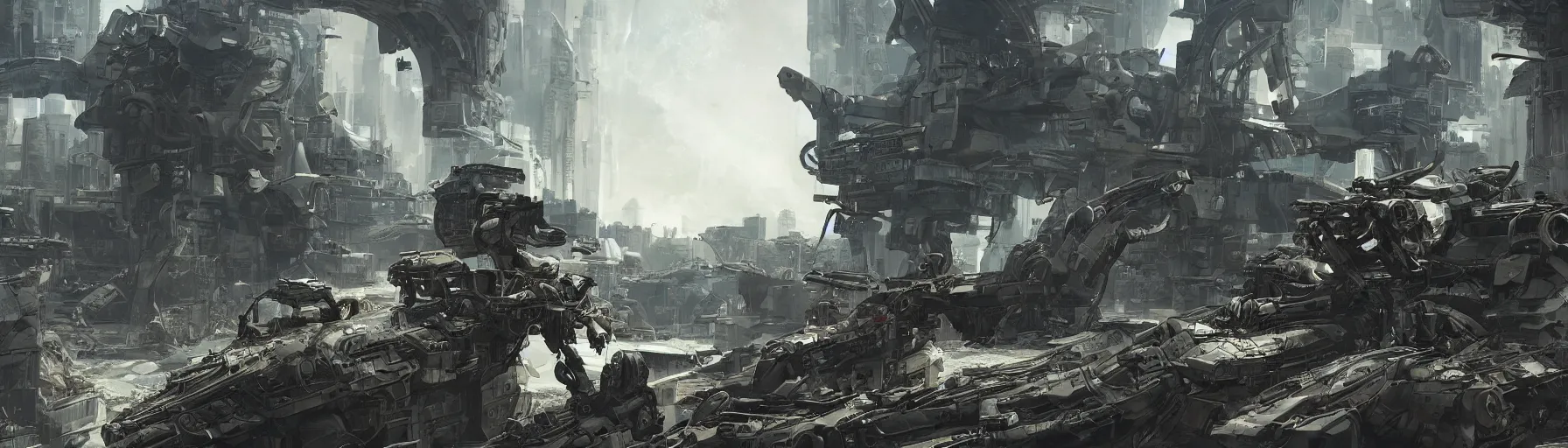 Prompt: intricate futuristic sci-fi agile mechanical cyborg with PKM machine gun in a future warzone, a ruined cityscape, detailed, artstation, digital art