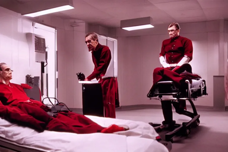 Prompt: a scene from the movie dead ringers with jeremy irons, dark cinematic lighting, heavy black and red palette and color contrast, medical equipment, movie directed by wes craven