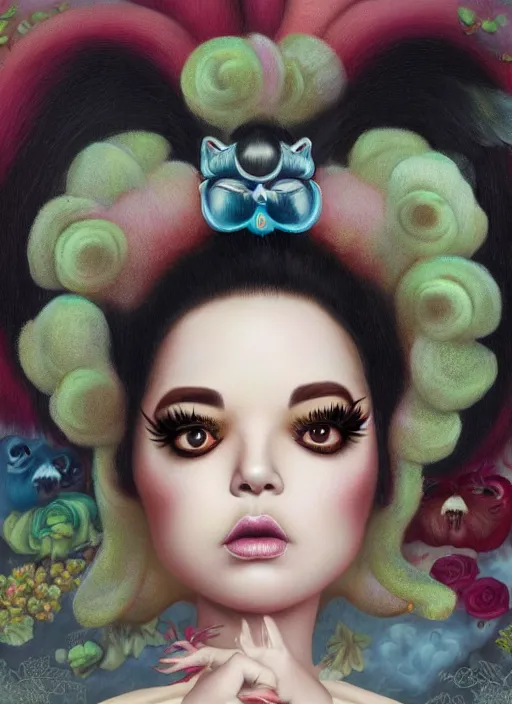 Image similar to pop surrealism, lowbrow art, realistic cute oprah winfrey painting, japanese street fashion, hyper realism, muted colours, rococo, natalie shau, loreta lux, tom bagshaw, mark ryden, trevor brown style,