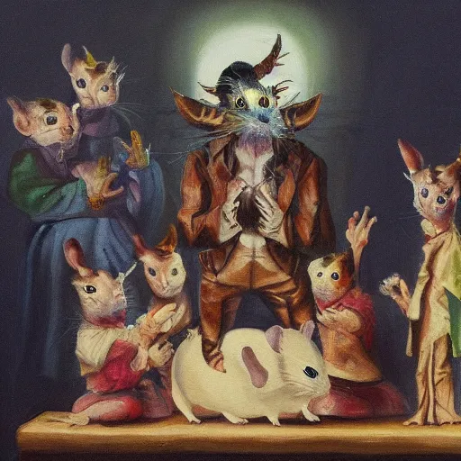 Image similar to a painting of a old demon cult worshipping a hamster