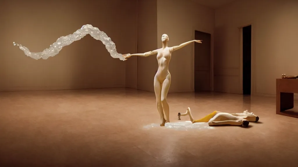 Prompt: a woman made of wax and water floats through the living room, film still from the movie directed by Denis Villeneuve with art direction by Salvador Dalí, wide lens