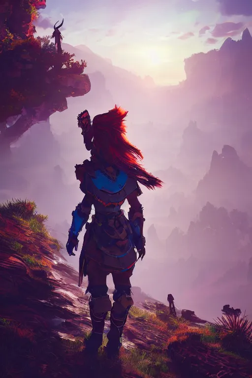 Image similar to combination suit armor aloy horizon forbidden west horizon zero dawn radiating a glowing aura global illumination ray tracing hdr fanart arstation by ian pesty and alena aenami artworks in 4 k tribal robot ninja mask helmet backpack