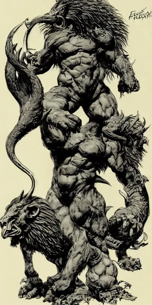 Image similar to a creature with the body and eyes of a man, with the beak of an eagle, the mane of a lion, and the horns of an ox. drawn by frank frazetta