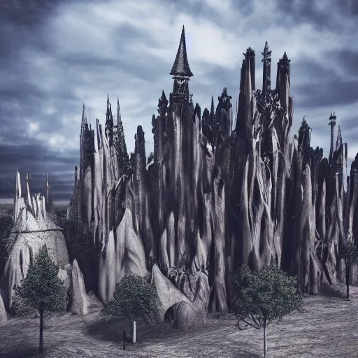 Prompt: dark gothic palace, gothic palace made, GOTHIC PALACE! of rock with tall spires, bristlecone pine trees, ultrawide cinematic 3d render, dark dramatic skies, atmospheric, vultures