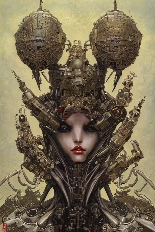 Image similar to portrait of mad alien robot queen, symmetrical, by yoichi hatakenaka, juan gimenez, brom, karol bak, alphone mucha, gustave dore, takato yamamoto, james jean