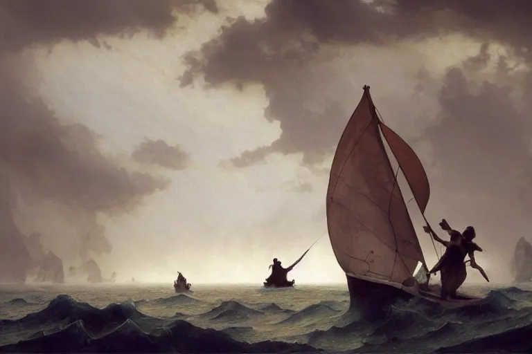 Image similar to ancient historically accurate depiction of Bible Character walking on water during a storm, a small fishing sailboat with scared sailors on board, dramatic lighting by frank miller, illustration by Ruan Jia and Mandy Jurgens and William-Adolphe Bouguereau, Artgerm, 4k, digital art, surreal, space dandy style, highly detailed, godsend, artstation, digital painting, concept art, smooth, sharp focus, illustration by Ruan Jia and Mandy Jurgens and William-Adolphe Bouguereau, Artgerm