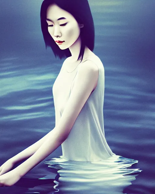 Image similar to medium closeup shot, flash long exposure photography of asian woman fashion posing in the lake, digital illustration by ruan jia, sharp focus, high details