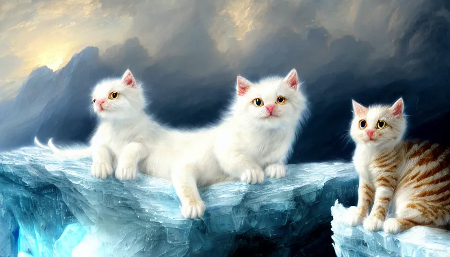 Image similar to highly detailed painting of white cute baby scaled ridge backed dragon cats on a blue and white iceberg by william turner, by greg rutkowski, by william constable, thick brush strokes and visible paint layers, 4 k resolution