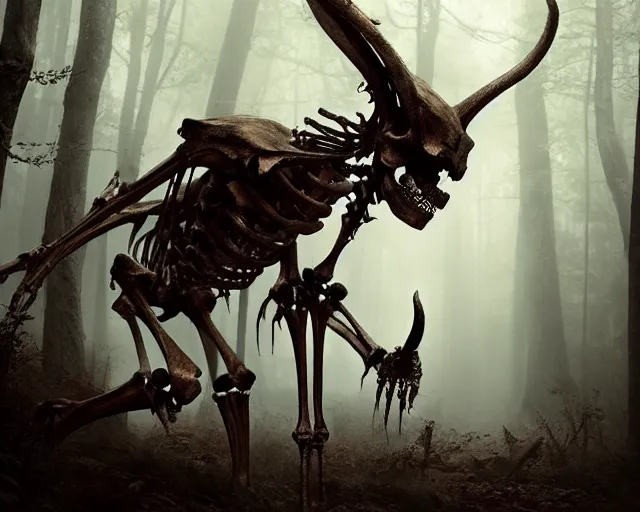 Image similar to 5 5 mm portrait photo of an armored demonic human skeleton with horns and red eyes, in a magical forest. dark atmosphere. art by greg rutkowski. highly detailed 8 k. intricate. lifelike. soft light. nikon d 8 5 0.