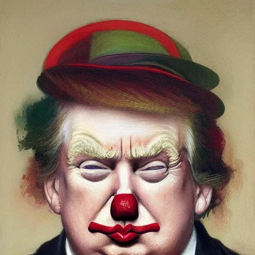 Prompt: Painting of Donald Trump as a clown. Old. Unhappy. Bald. Fat. Art by william adolphe bouguereau. Very very very very very very much detailed. Ugly. 4K. Award winning.