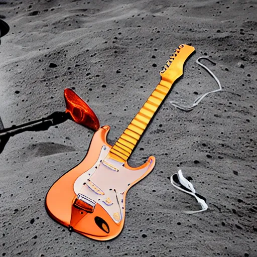 Prompt: a hard-hat suit/standard diving dress/copper hat equipment/ heavy gear holding a stratocaster electric guitar on the moon