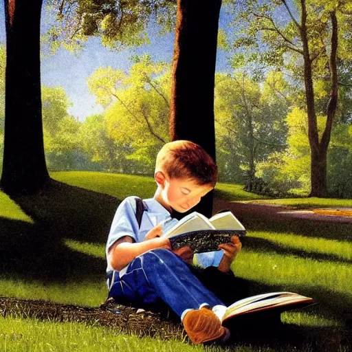 Prompt: a young boy reading a book about nuclear power sat in a public park, a sense of awe, warm dappled light, trees, over the shoulder shot, in the style of norman rockwell