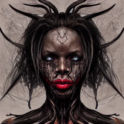 Image similar to Dark Fantasy Painting of a voodoo witch with a sinister evil look on her face, black widow spiders in her hair, creepy, unsettling, horror, upper body, wearing a dark dress, intricate, wild, highly detailed, digital painting, artstation, concept art, smooth, sharp focus, illustration, art by artgerm and greg rutkowski and alphonse mucha