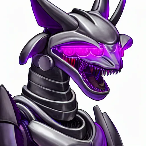 Prompt: detailed mawshot of a beautiful stunning anthropomorphic hot robot mecha female dragon, silver sharp streamlined armor, detailed maw, glowing Purple LED eyes, food pov, micro pov, dragon art, macro art, furry art, vore, furaffinity, DeviantArt, Eka's Portal, G6