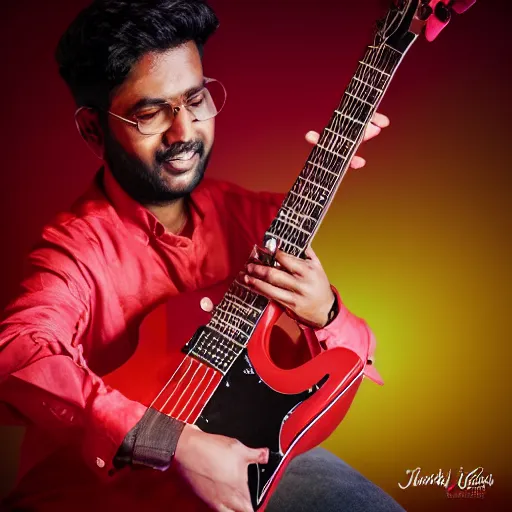 Image similar to portrait of bangladeshi singer songwriter james playing his red electric guitar on stage, concert lighting, photorealistic, dslr, 8 4 mm, editorial photography, high details, octane render, 4 k