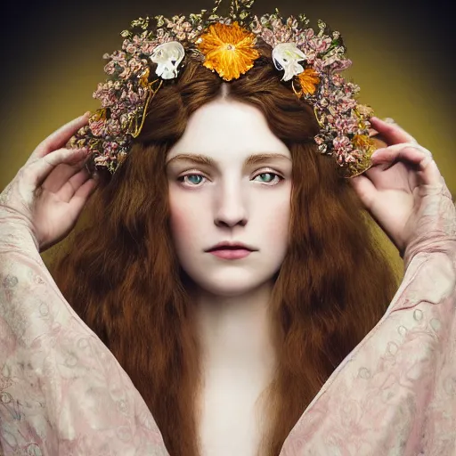 Prompt: kodak portra 4 0 0, 8 k, artstation, soft light, volumetric lighting, highly detailed, britt marling style 3 / 4 extreme close - up portrait photography of a beautiful woman pre - raphaelite, inspired by art nouveau, royal woman wearing ornate art nouveau orchid headdress, realistic, refined, highly detailed