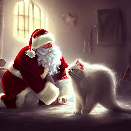 Prompt: depressed santa claus kissing a white fluffy cat in his workshop crying. dimly lit. dark. 4 k rtx hdr volume light concept studio matte painting environement digital illustration style artstation artur tarnowski, mihai muscan, marcin tomalak, marta leydy,