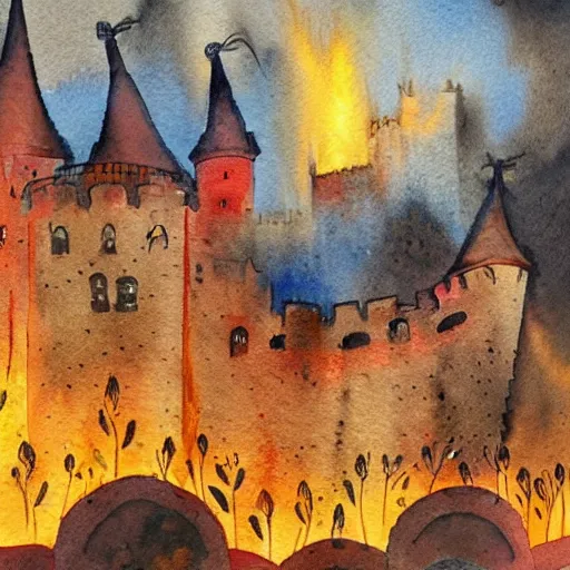 Prompt: a burning castle, detailed watercolor, storybook illustration