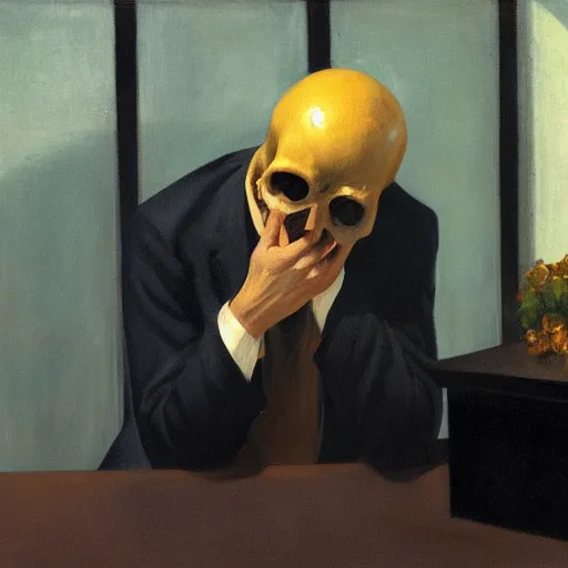 Prompt: a crying man who is screaming, his head is a skull, he wears a suit, in the style of Edward Hopper, 4k,