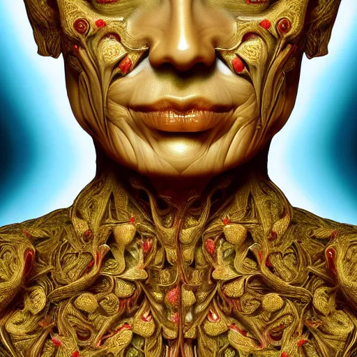 Prompt: beatifull frontal face portrait of a woman, 150 mm, gonzo, anatomical, flesh, flowers, mandelbrot fractal, facial muscles, veins, arteries, symmetric, intricate, golden ratio, full frame, microscopic, elegant, highly detailed, ornate, ornament, sculpture, elegant , luxury, beautifully lit, ray trace, octane render in the style of Trevor brown , robert Mapplethorpe and Cindy sherman