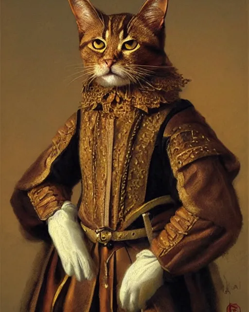 Prompt: portrait of cute brown cat with serious expression wearing 1 7 th century royal guard uniform, baroque painting, greg rutkowski