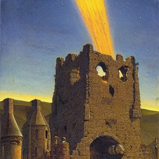 Prompt: a medieval tower exploding and crumbling, the tower tarot card, larry elmore, nc wyeth